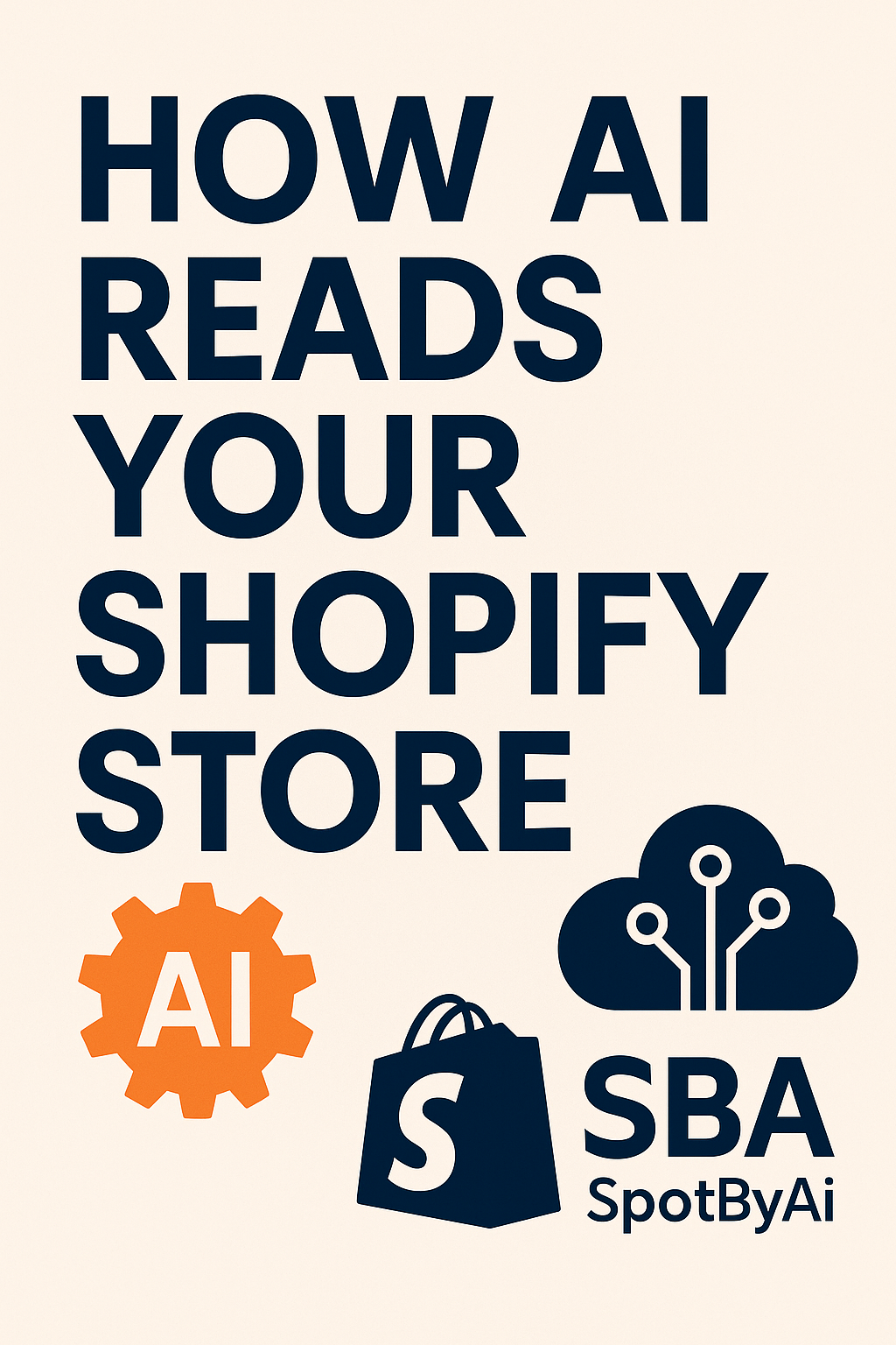 Minimalist beige graphic titled 'How AI Reads Your Shopify Store' with AI gear icon, Shopify logo, and cloud-tech symbol, designed by SBA SpotByAi